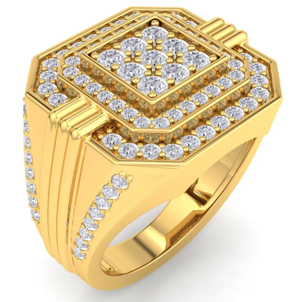 1 3/4Ct Men's Diamond Square Multi-Diamond Double Octagon Frame Ring Yellow Gold