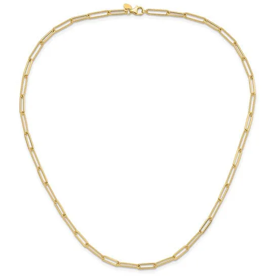 14K Gold Paperclip Link Necklace with Alternating Rope Textured Links