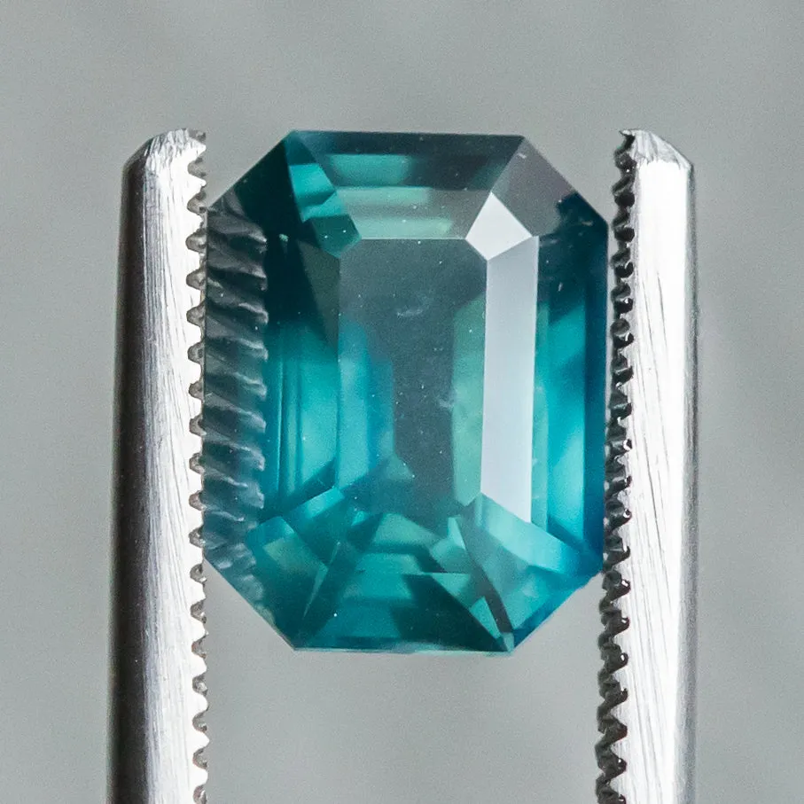 3.47CT EMERALD CUT MADAGASCAR SAPPHIRE, SILKY DEEP GREEN TEAL, 9.6X7.3X5.16MM