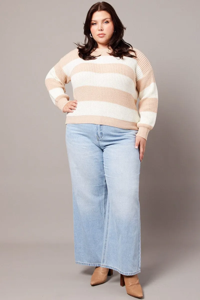 Beige Stripe Stripe Knit Jumper Long Sleeve Crew Neck