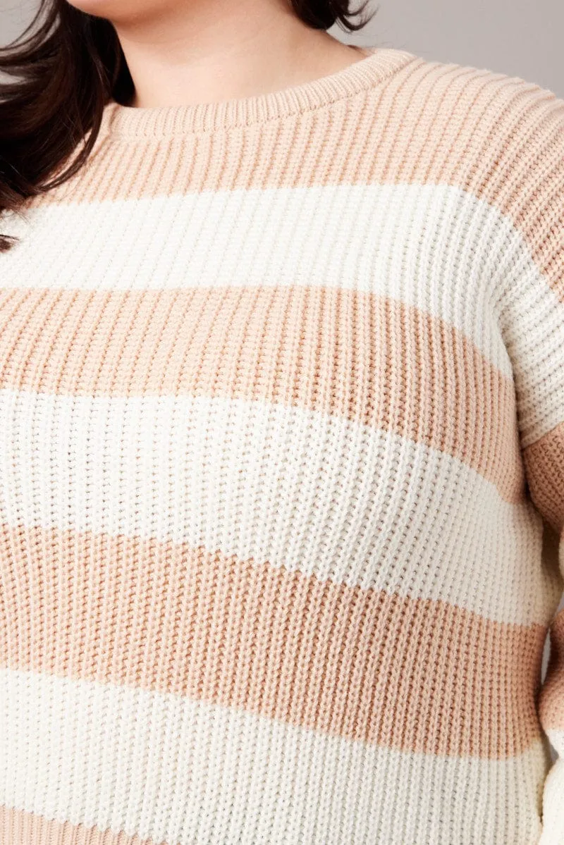 Beige Stripe Stripe Knit Jumper Long Sleeve Crew Neck