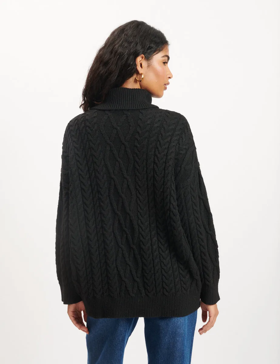 Black Cable Knitted Roll Neck Jumper