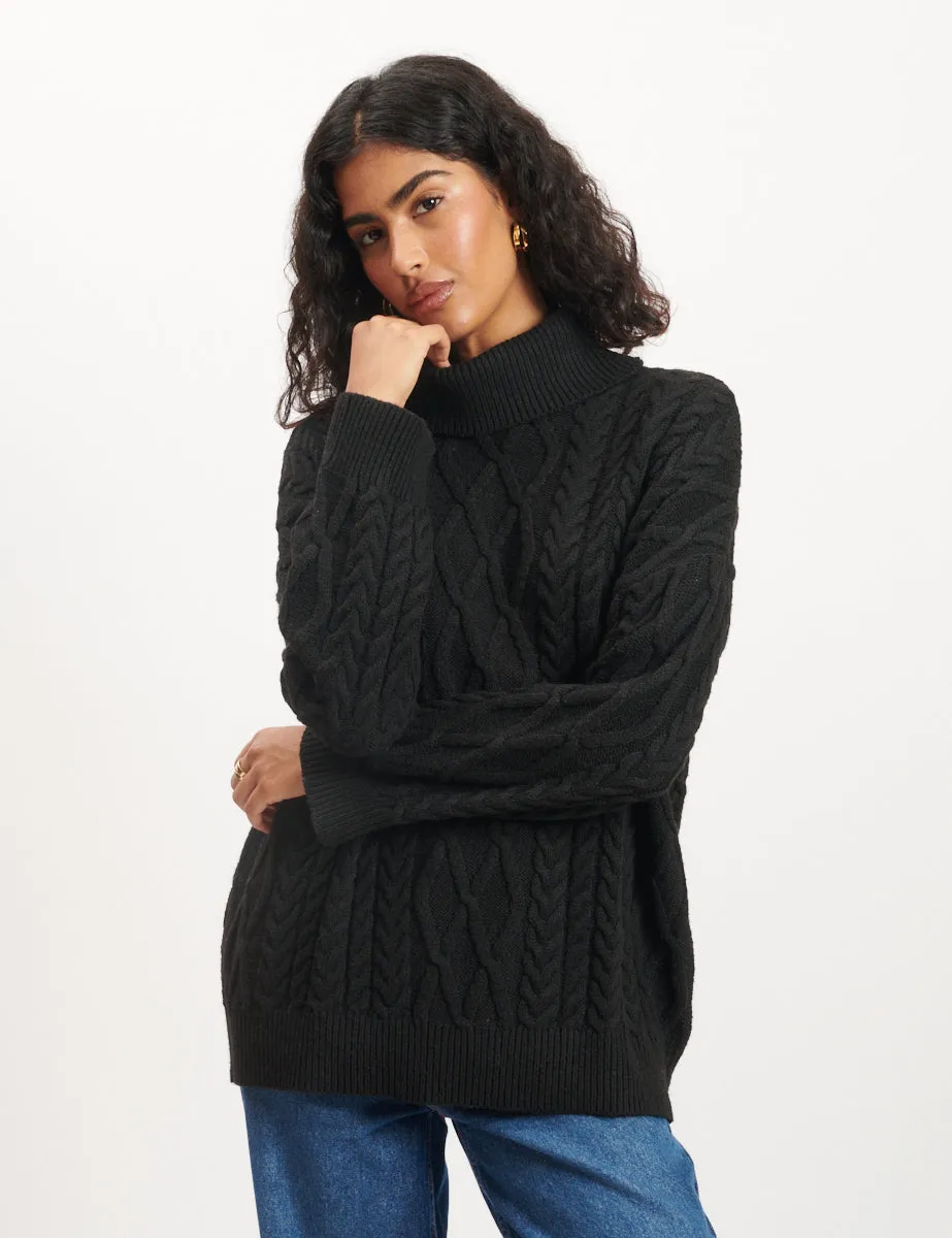 Black Cable Knitted Roll Neck Jumper