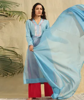 Blue red hand embroidered chanderi silk kurta set of-3