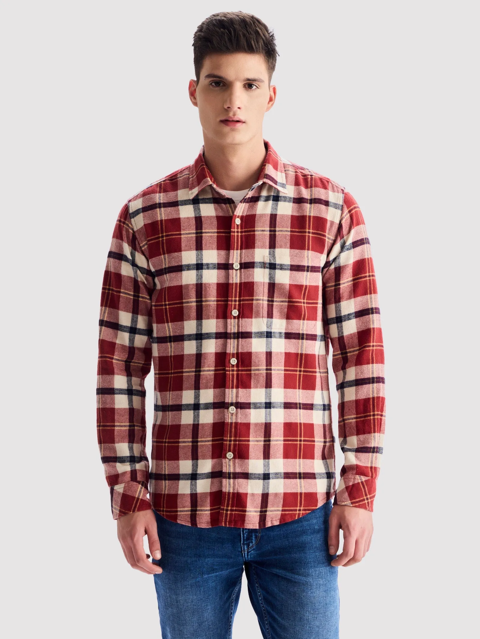 Brown Brushed Cotton Checked Shirt