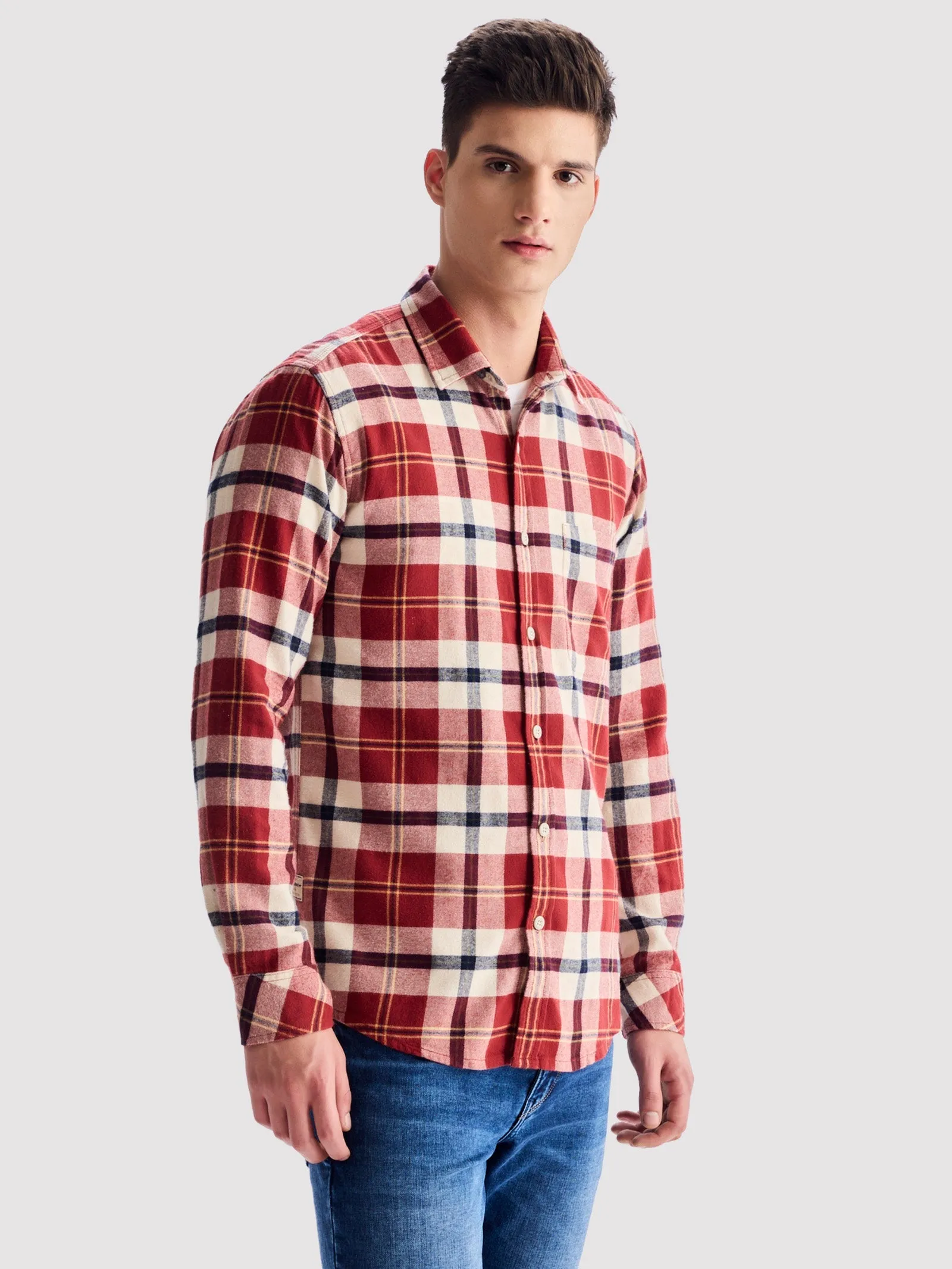 Brown Brushed Cotton Checked Shirt