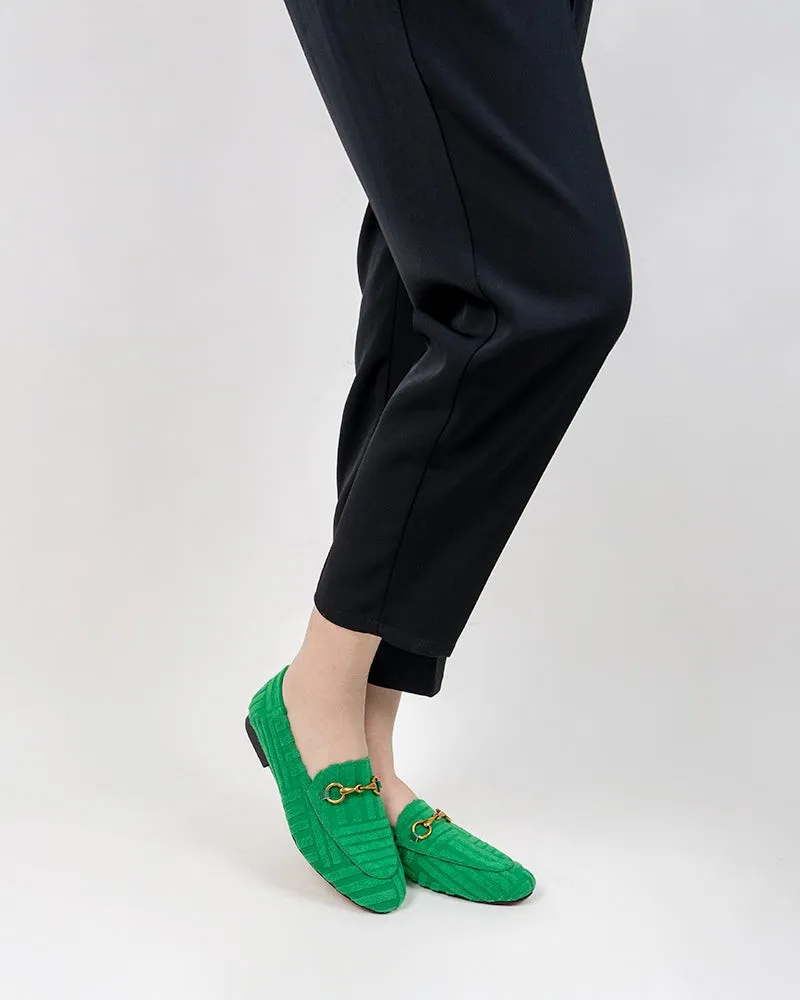 Classic Metal Buckle Green Lambswool Slip On Backless Loafers