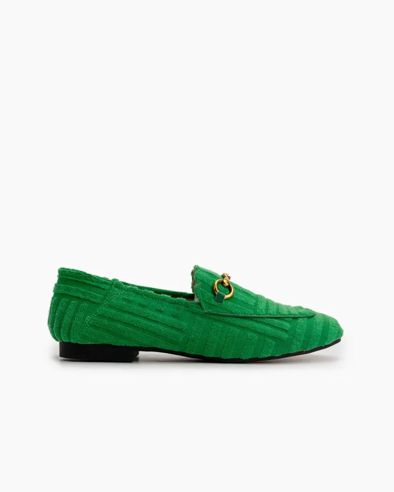 Classic Metal Buckle Green Lambswool Slip On Backless Loafers