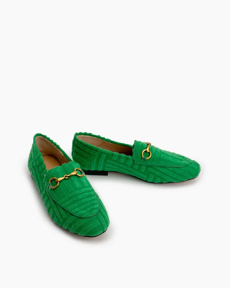 Classic Metal Buckle Green Lambswool Slip On Backless Loafers