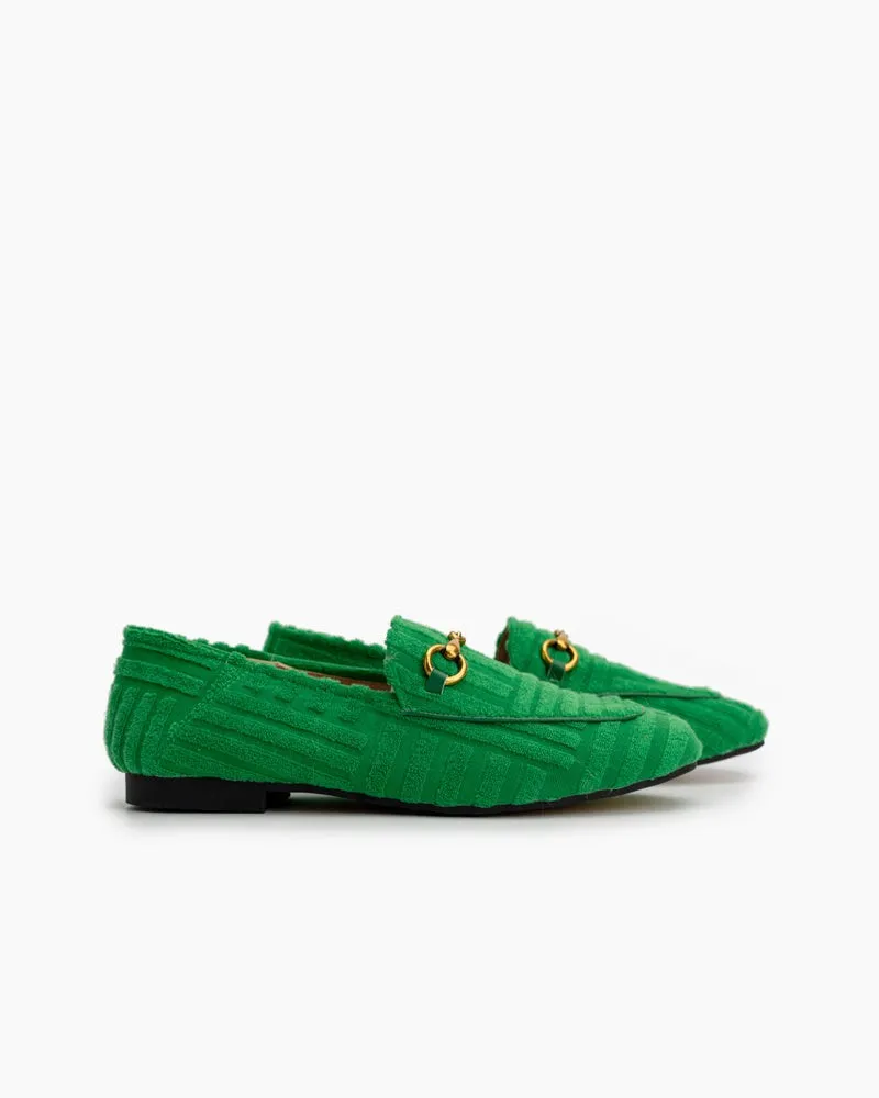 Classic Metal Buckle Green Lambswool Slip On Backless Loafers