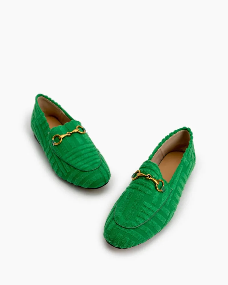 Classic Metal Buckle Green Lambswool Slip On Backless Loafers