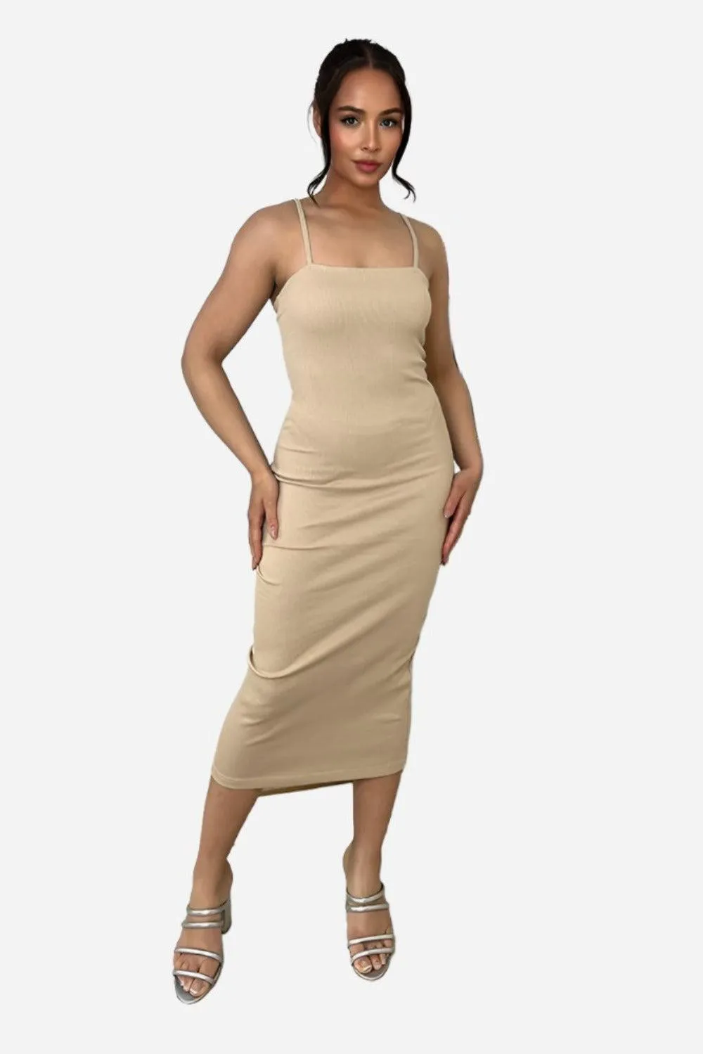 Cotton Blend Spaghetti Straps Midi Dress