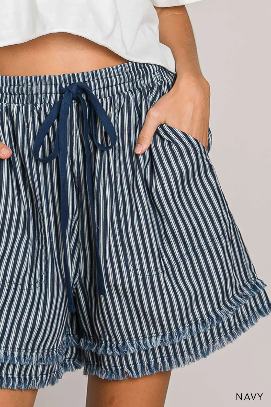 Cotton Bleu Denim Striped Frayed Shorts