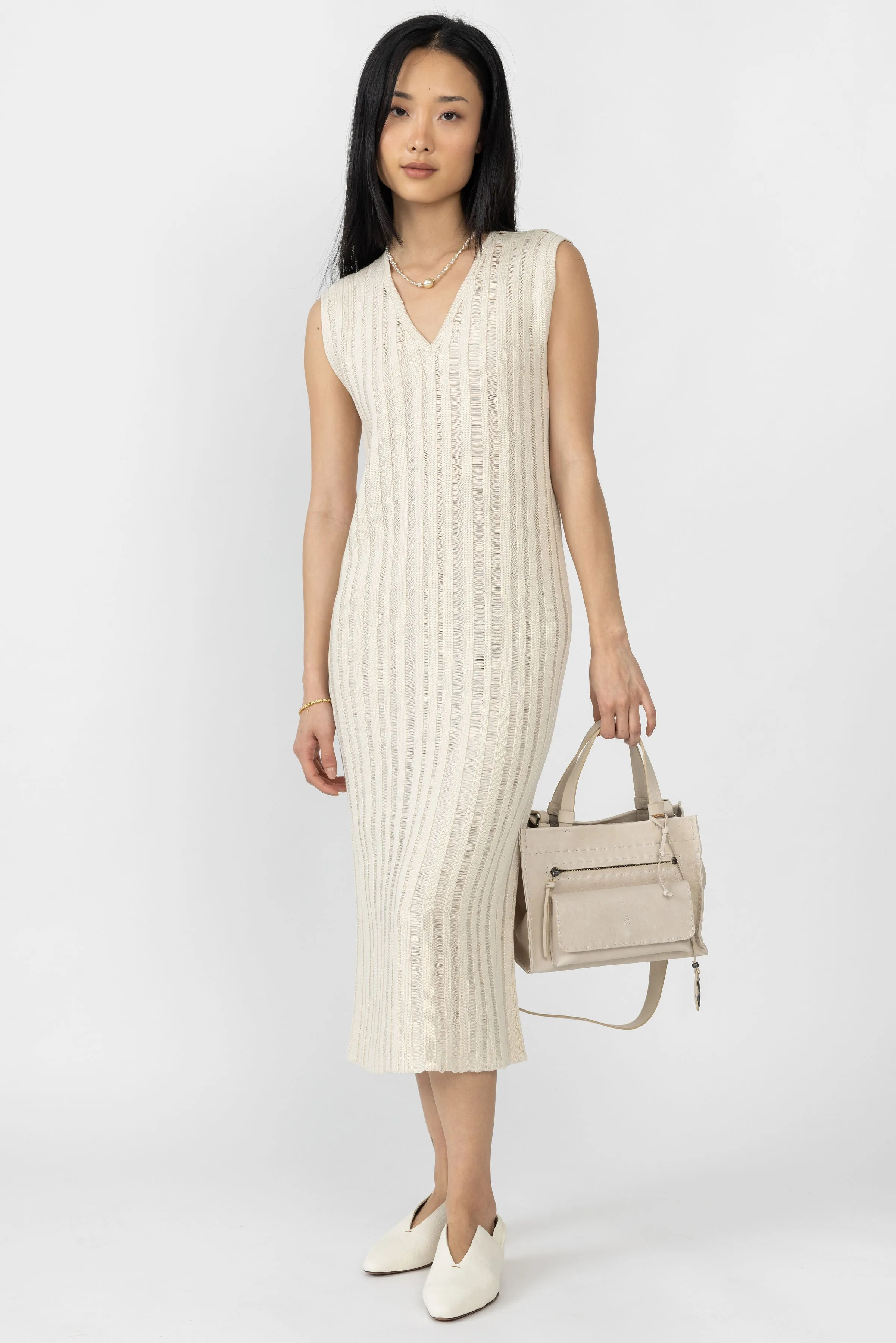 Cotton Knit Midi Dress in Ecru