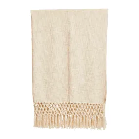 CREAM COTTON THROW WITH CROCHET AND FRINGE