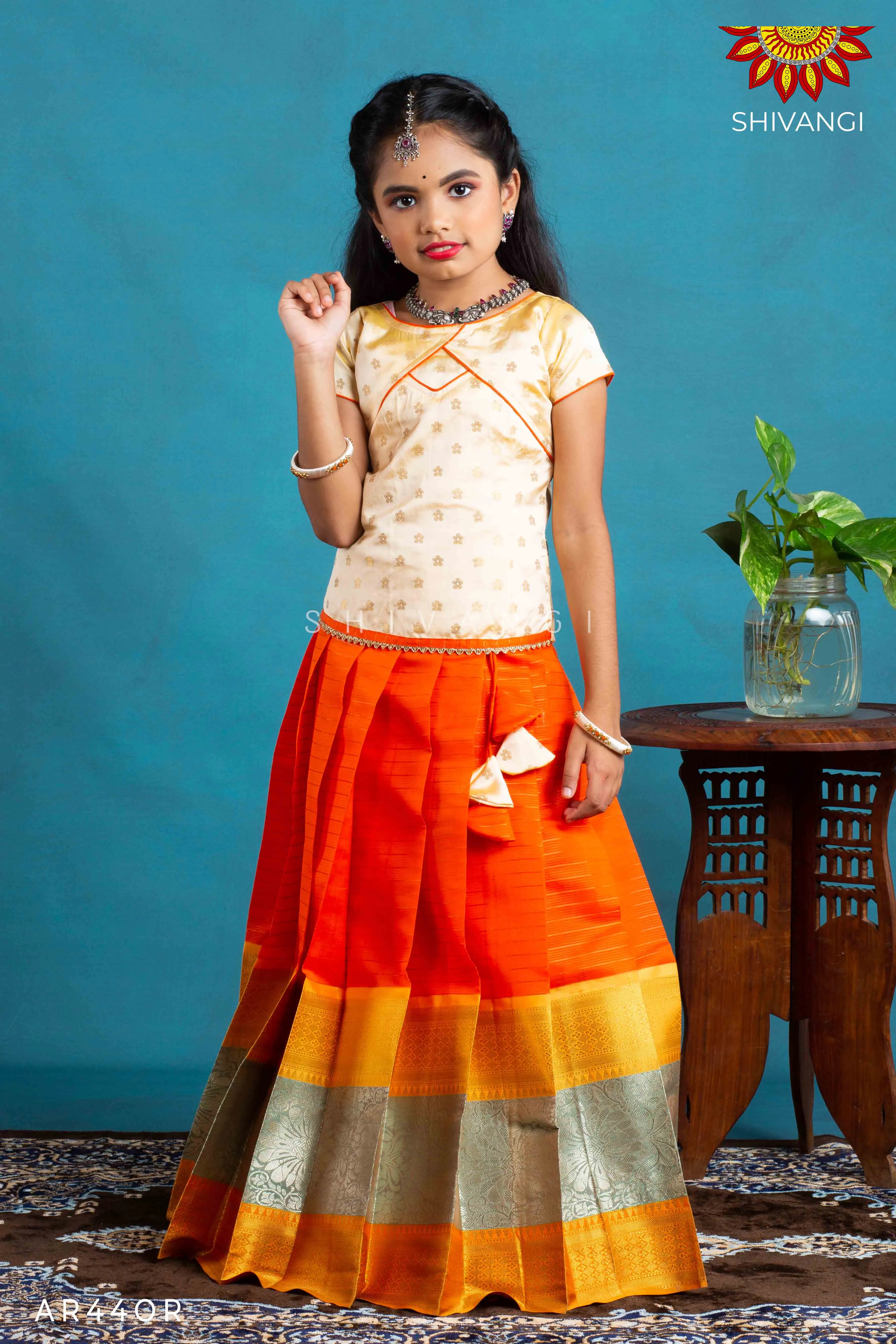 Girls Orange Floral Spring Pattu Pavadai