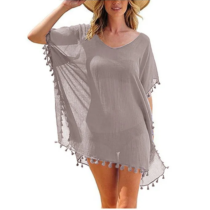 Haute Edition Women's Chiffon Beach Swim Cover Up with Tassels