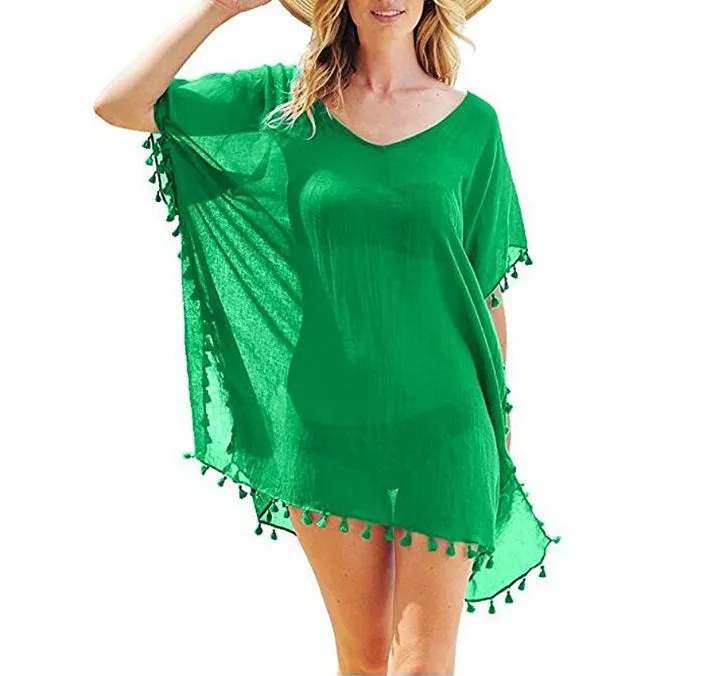 Haute Edition Women's Chiffon Beach Swim Cover Up with Tassels