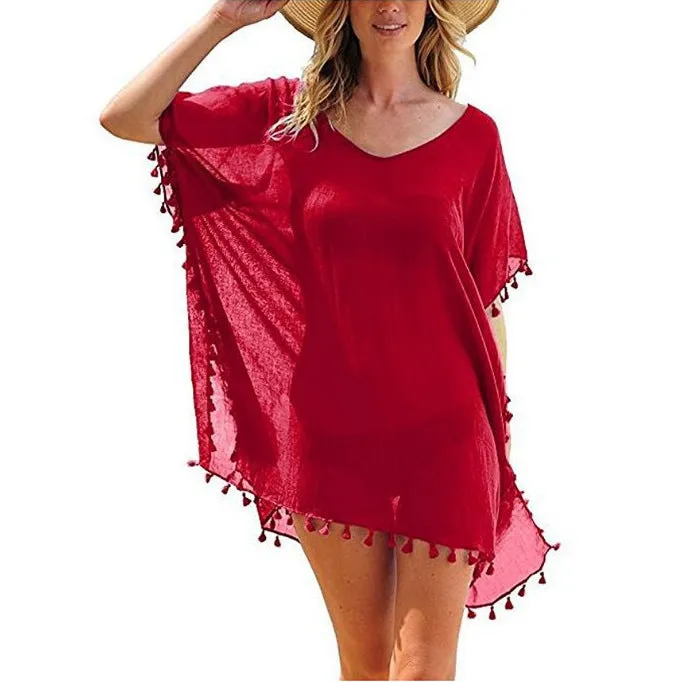 Haute Edition Women's Chiffon Beach Swim Cover Up with Tassels