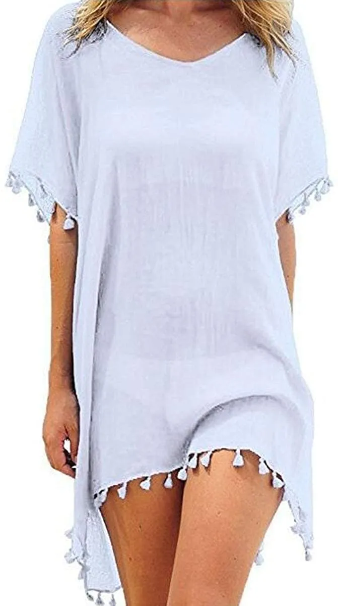 Haute Edition Women's Chiffon Beach Swim Cover Up with Tassels