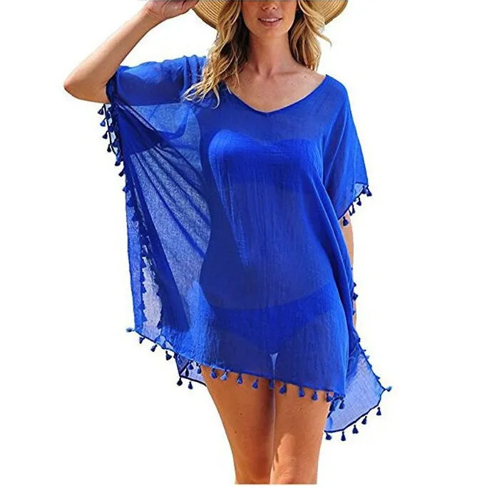 Haute Edition Women's Chiffon Beach Swim Cover Up with Tassels