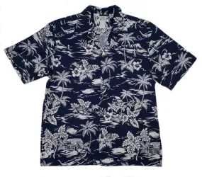 Hawaiian Scenery Vintage Feeling Aloha Shirt | Navy