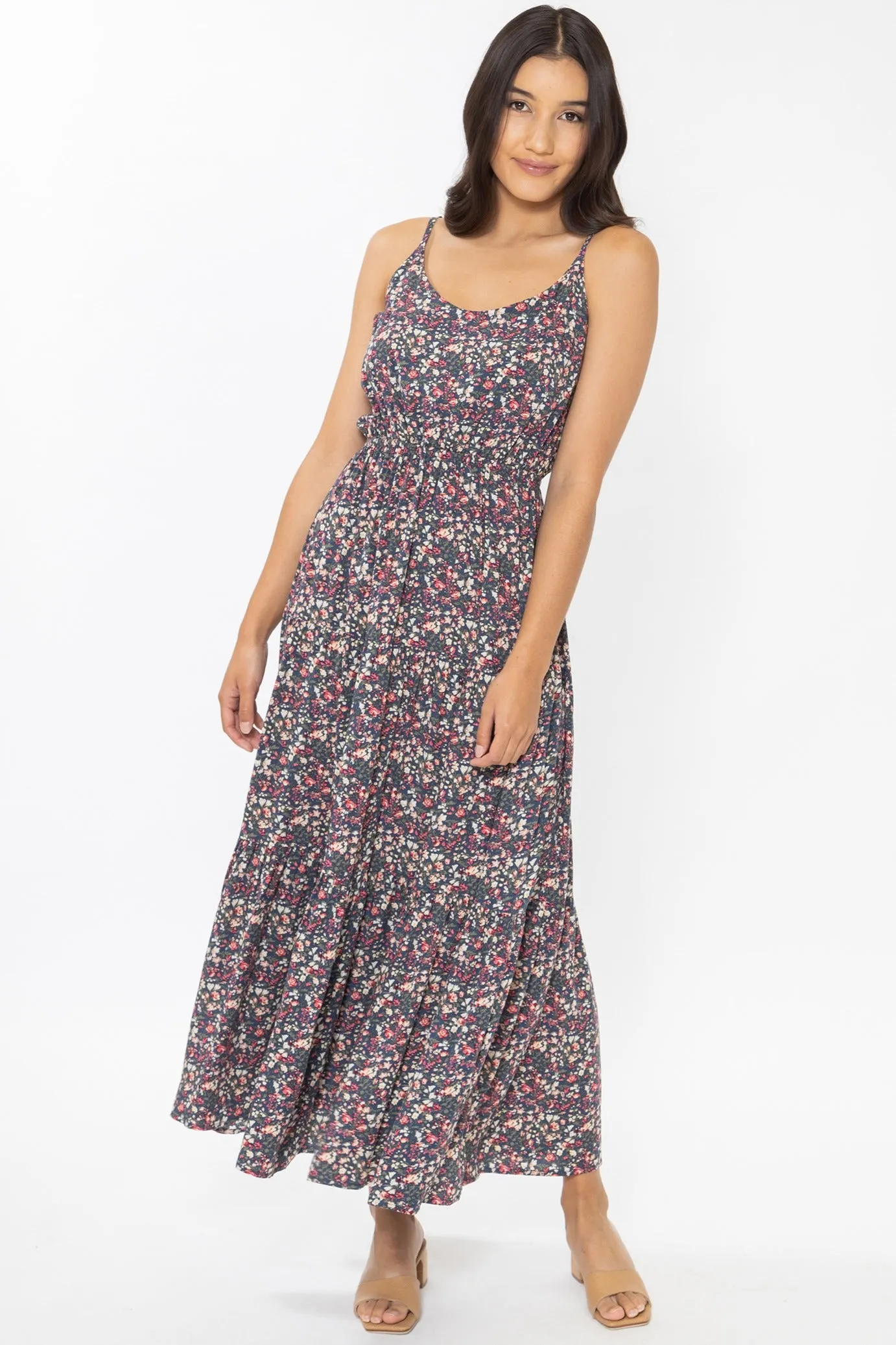 Lazy Days Navy Pink Floral Splash Strappy Tiered Maxi Dress