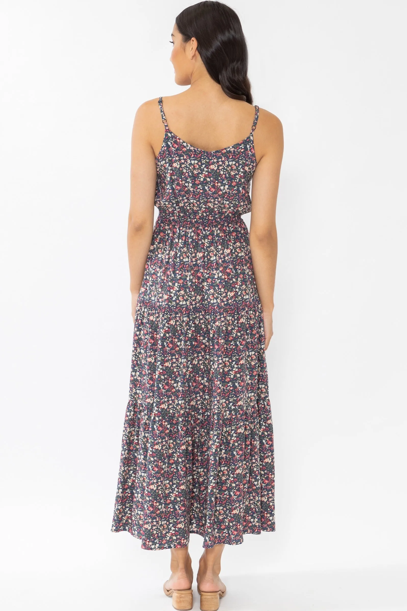 Lazy Days Navy Pink Floral Splash Strappy Tiered Maxi Dress