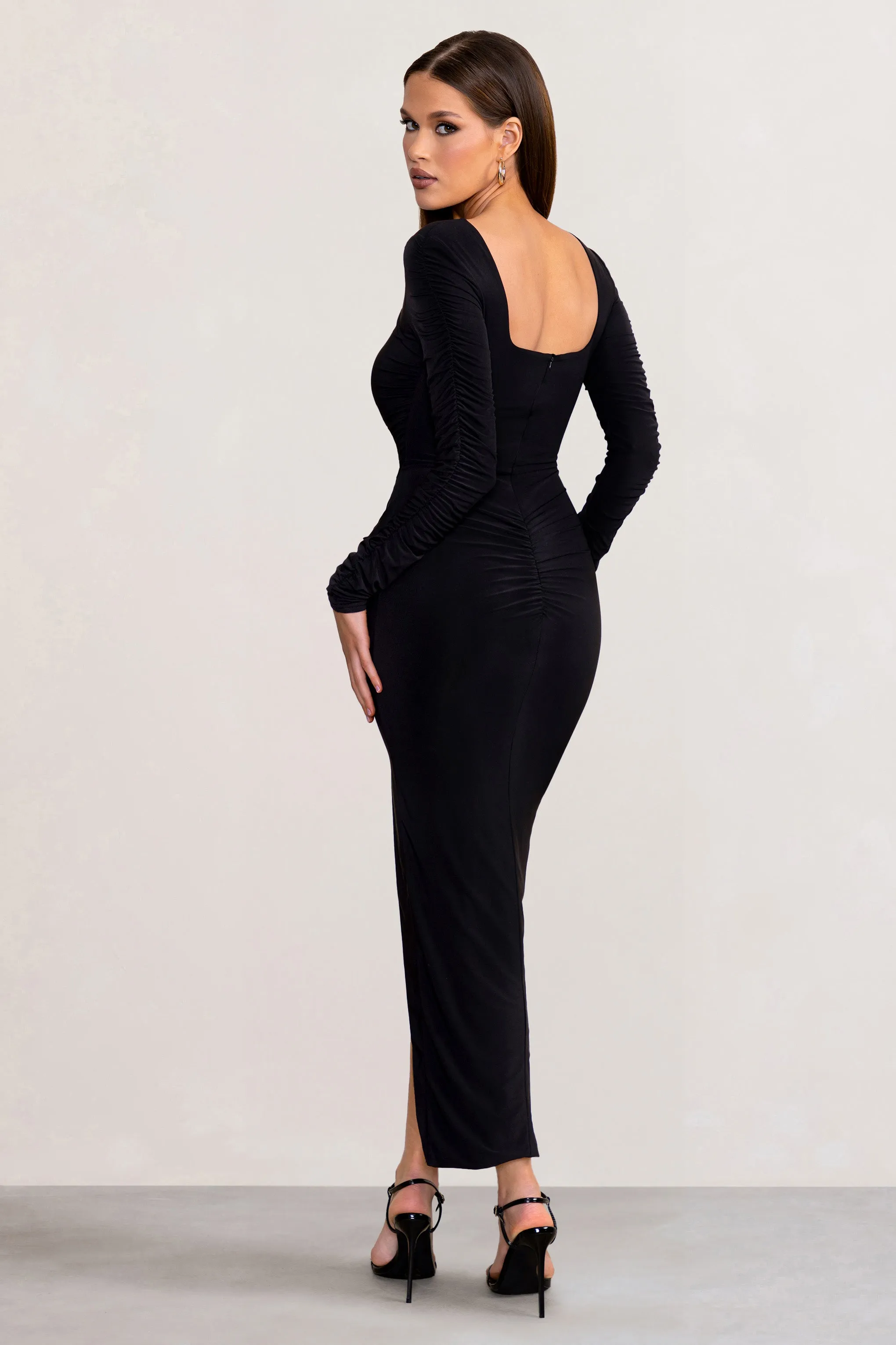 Leni | Black Square Neck Long Sleeve Midi Dress with Tie Detail and Split Hem