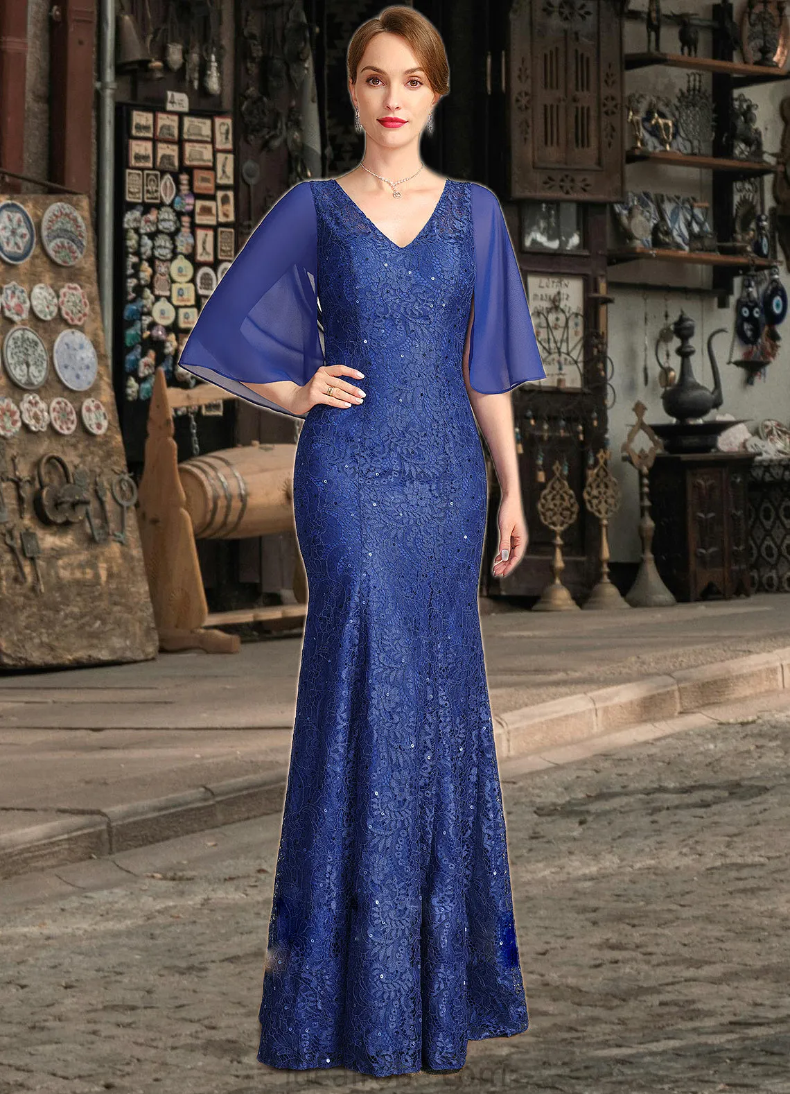 Maya Trumpet/Mermaid V-Neck Floor-Length Chiffon Lace Mother of the Bride Dress With Sequins STKP0021795