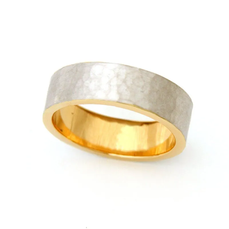 Men's Hammered Two Tone Yellow Gold Wedding Band