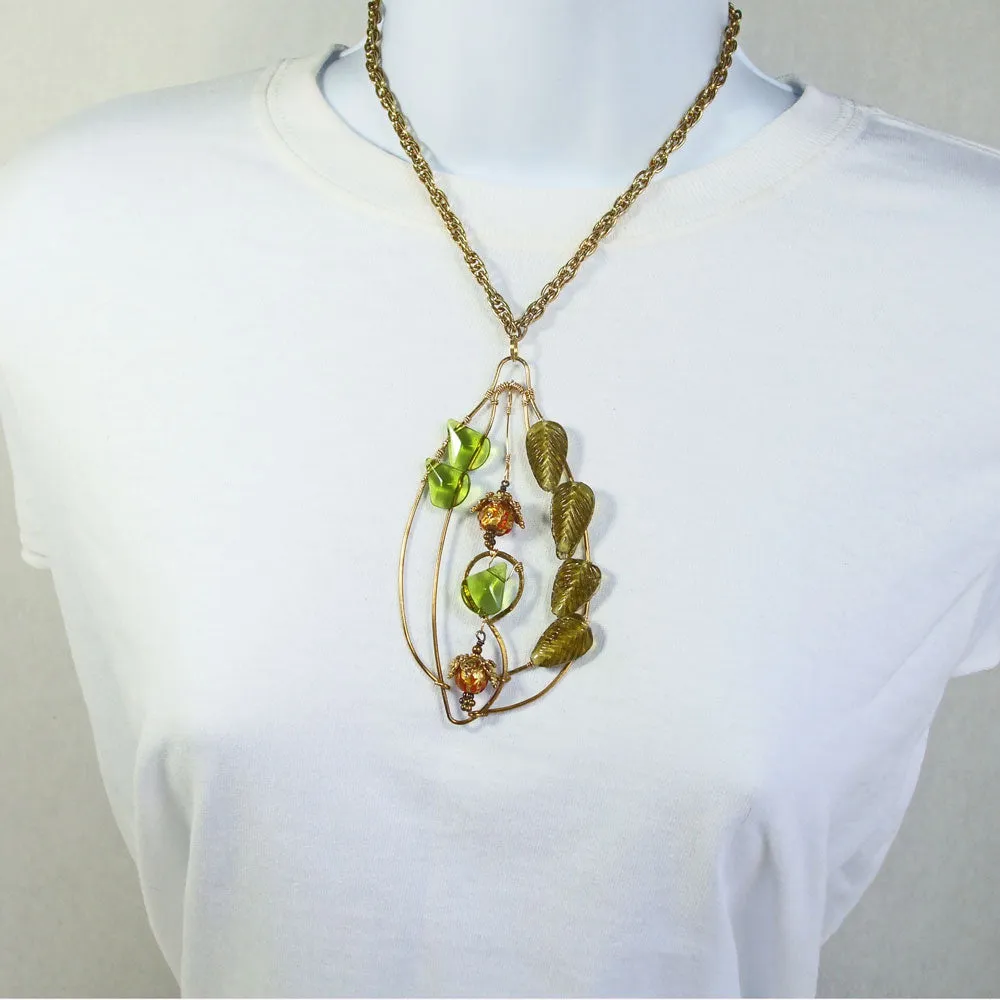 Nais, Wire Leaf Design, Beaded Jewelry, Pendant, Necklace