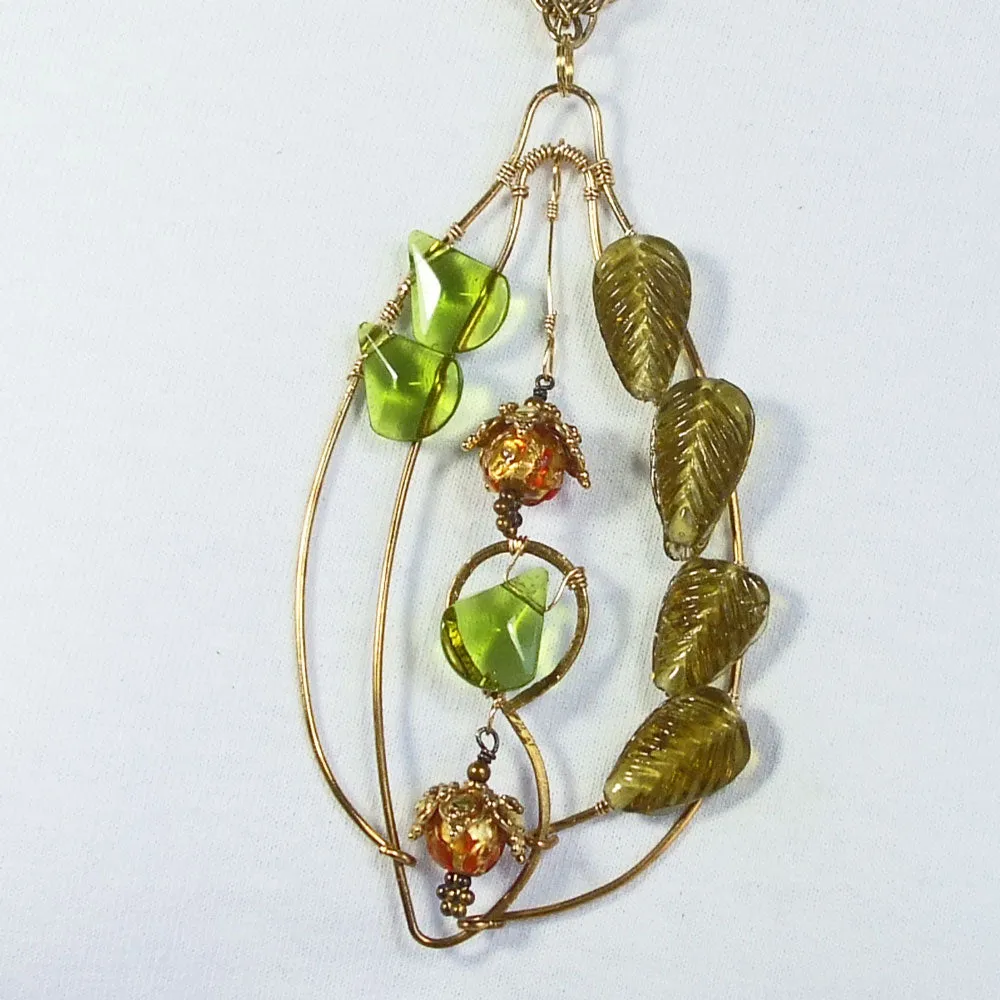 Nais, Wire Leaf Design, Beaded Jewelry, Pendant, Necklace