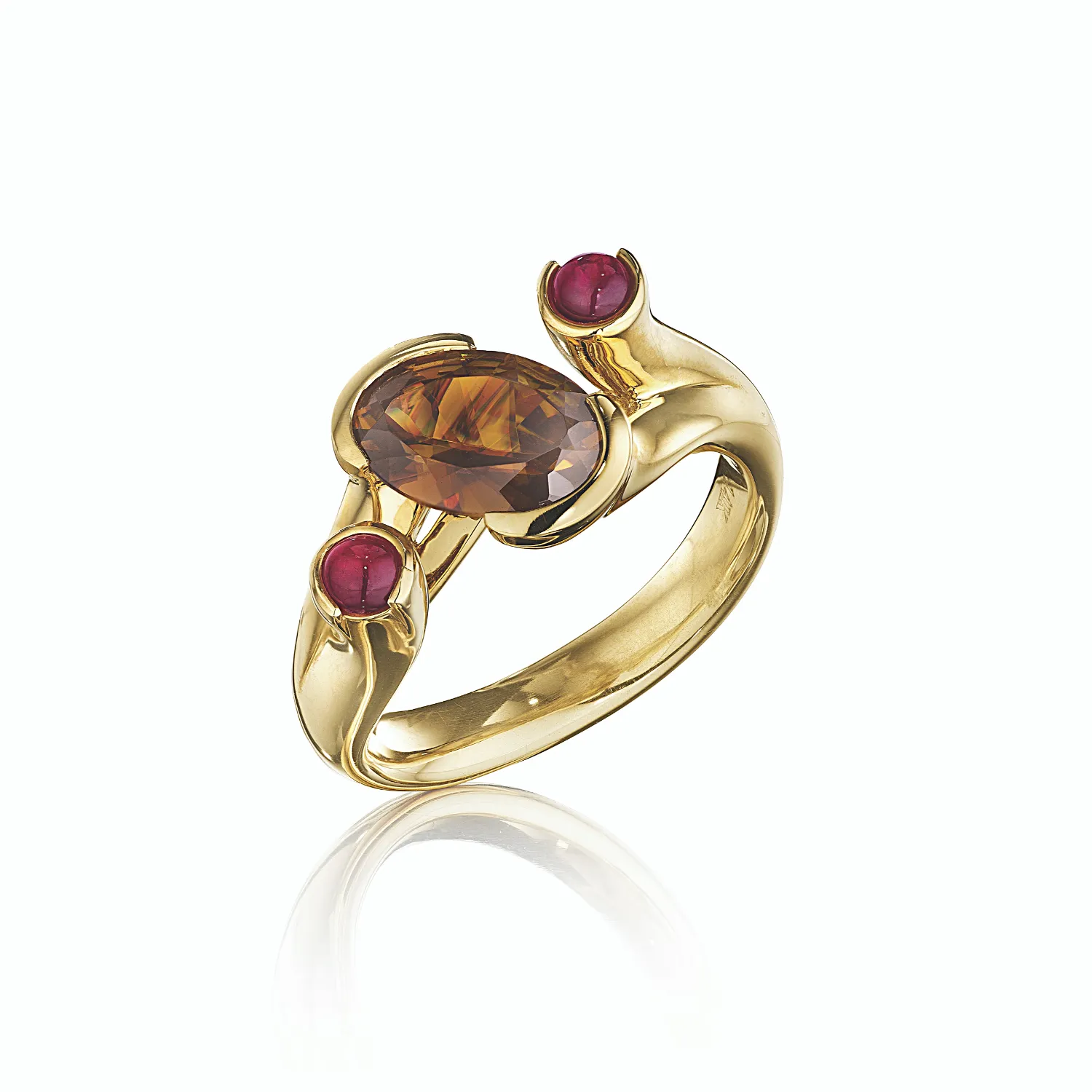 Patrick Ohrman Henne Exclusive 14K Yellow Gold Oval Sphene and Cabochon Cut Ruby Ring