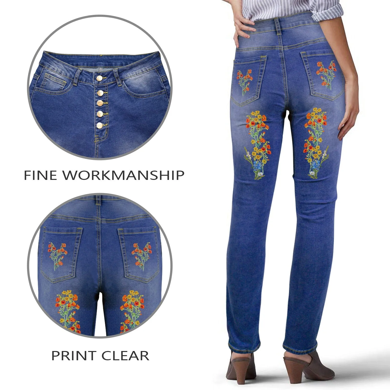 red Pink Watermelon Wildflower Floral print copy Women's Jeans (Back Printing) (Model L75)