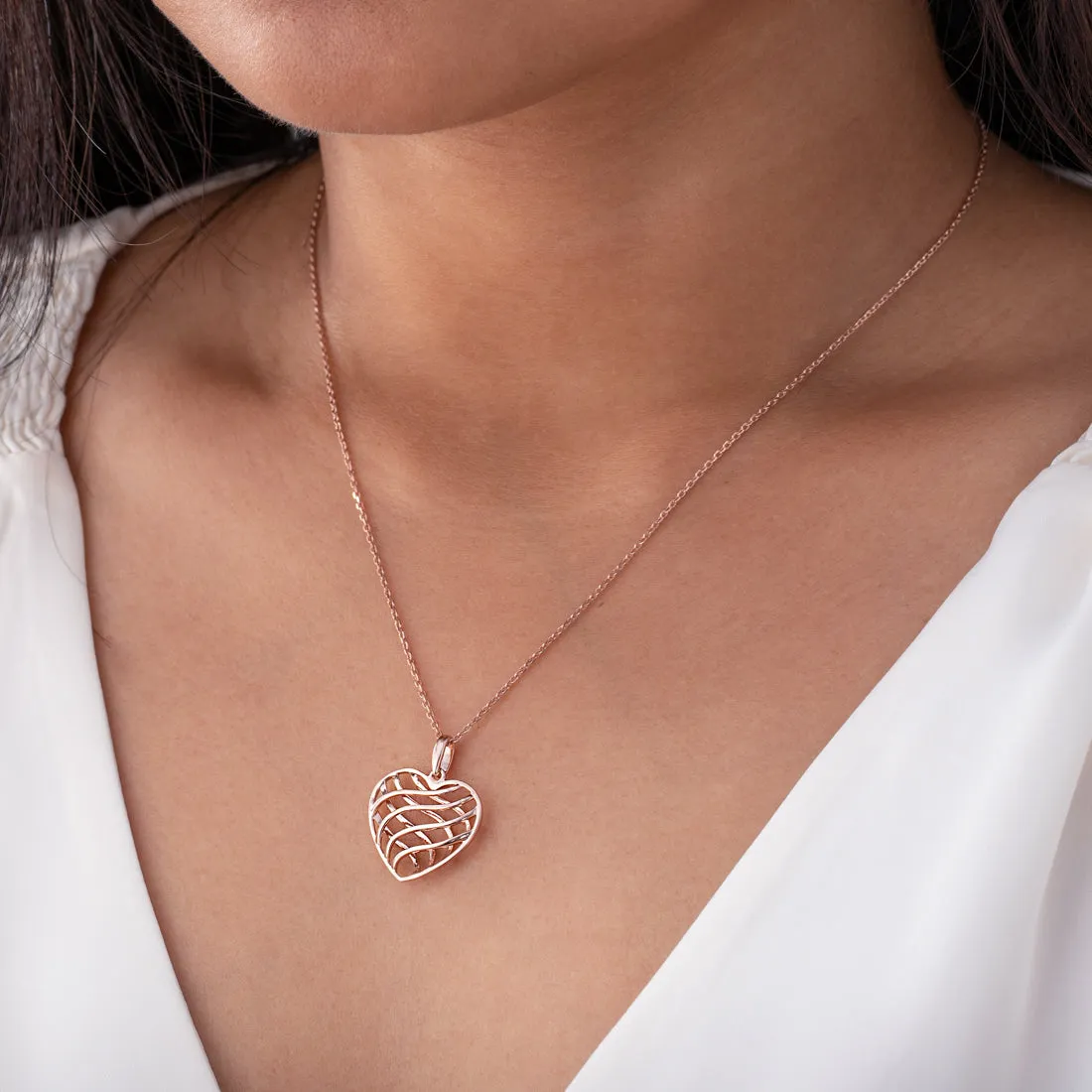 Rose-Tone Sterling Silver Open Lattice Heart Pendant