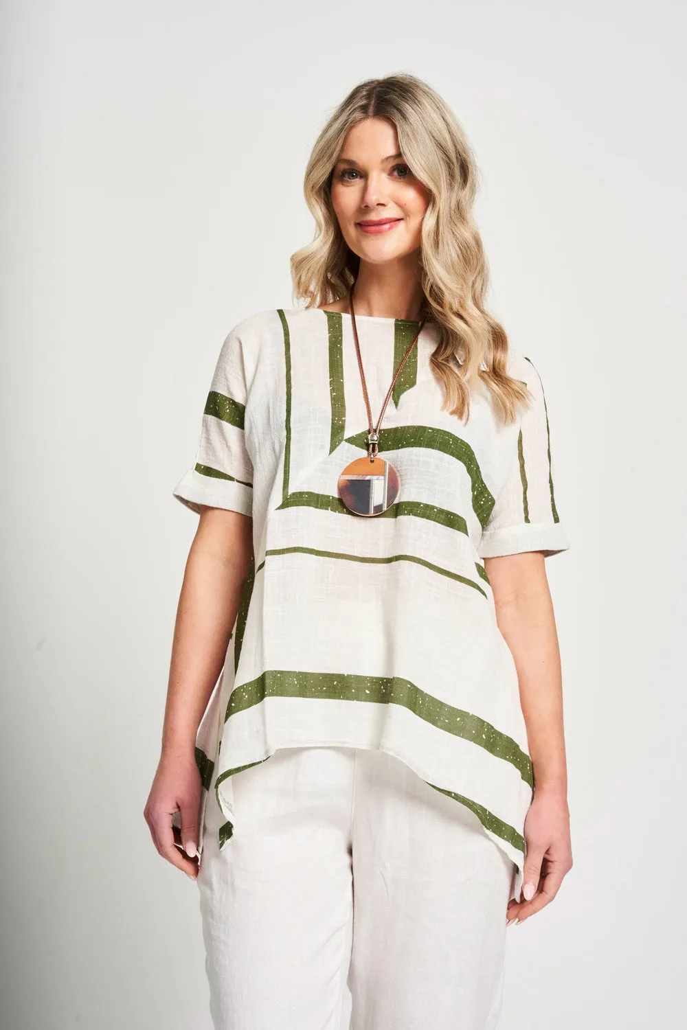 Saloos Diagonal Seam Cotton Top with Necklace