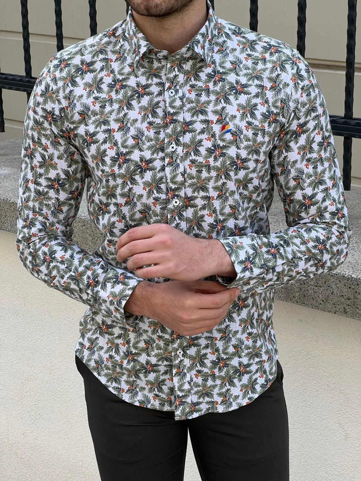 Slim Fit Patterned Cotton Green Shirt