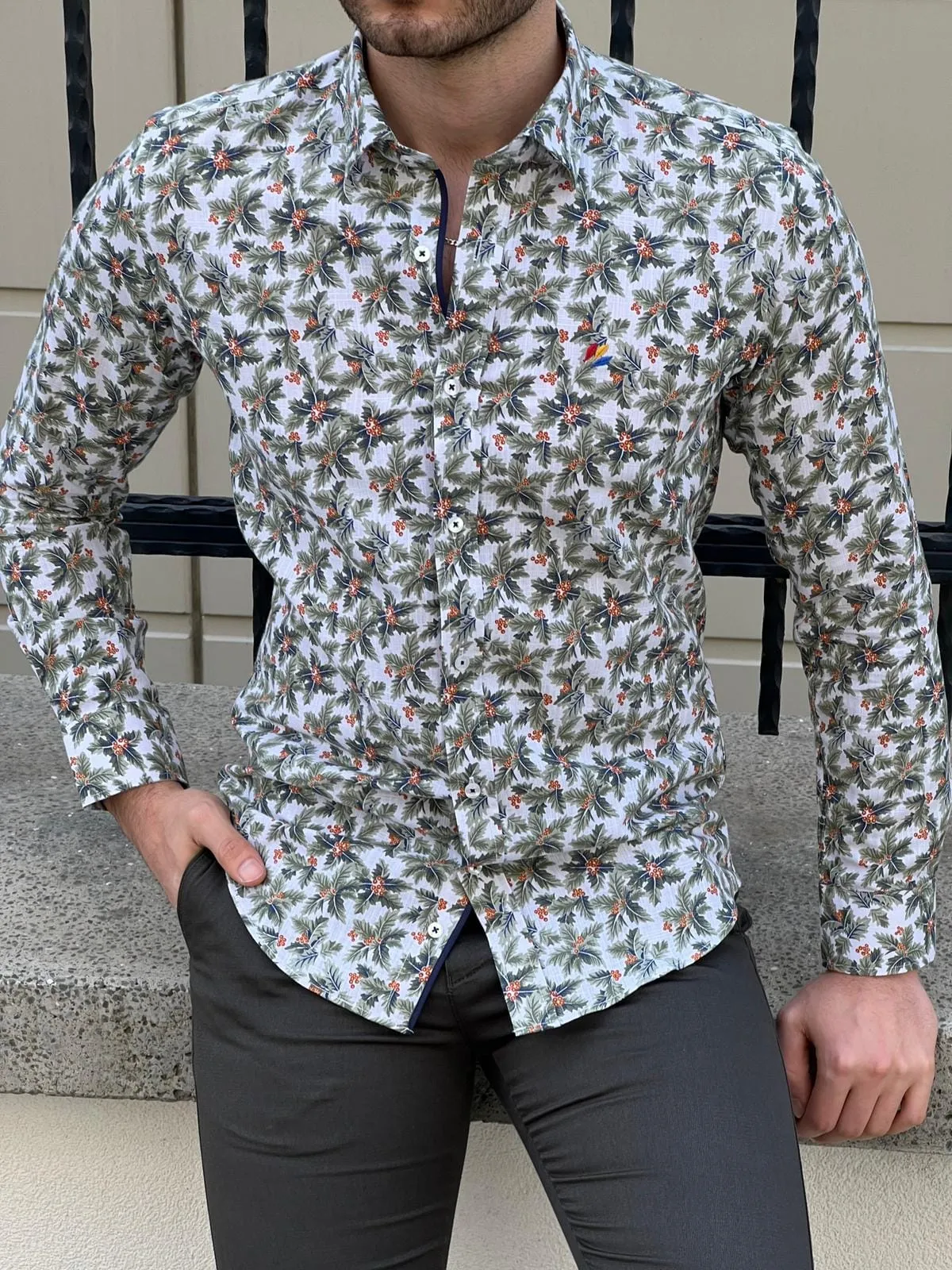 Slim Fit Patterned Cotton Green Shirt