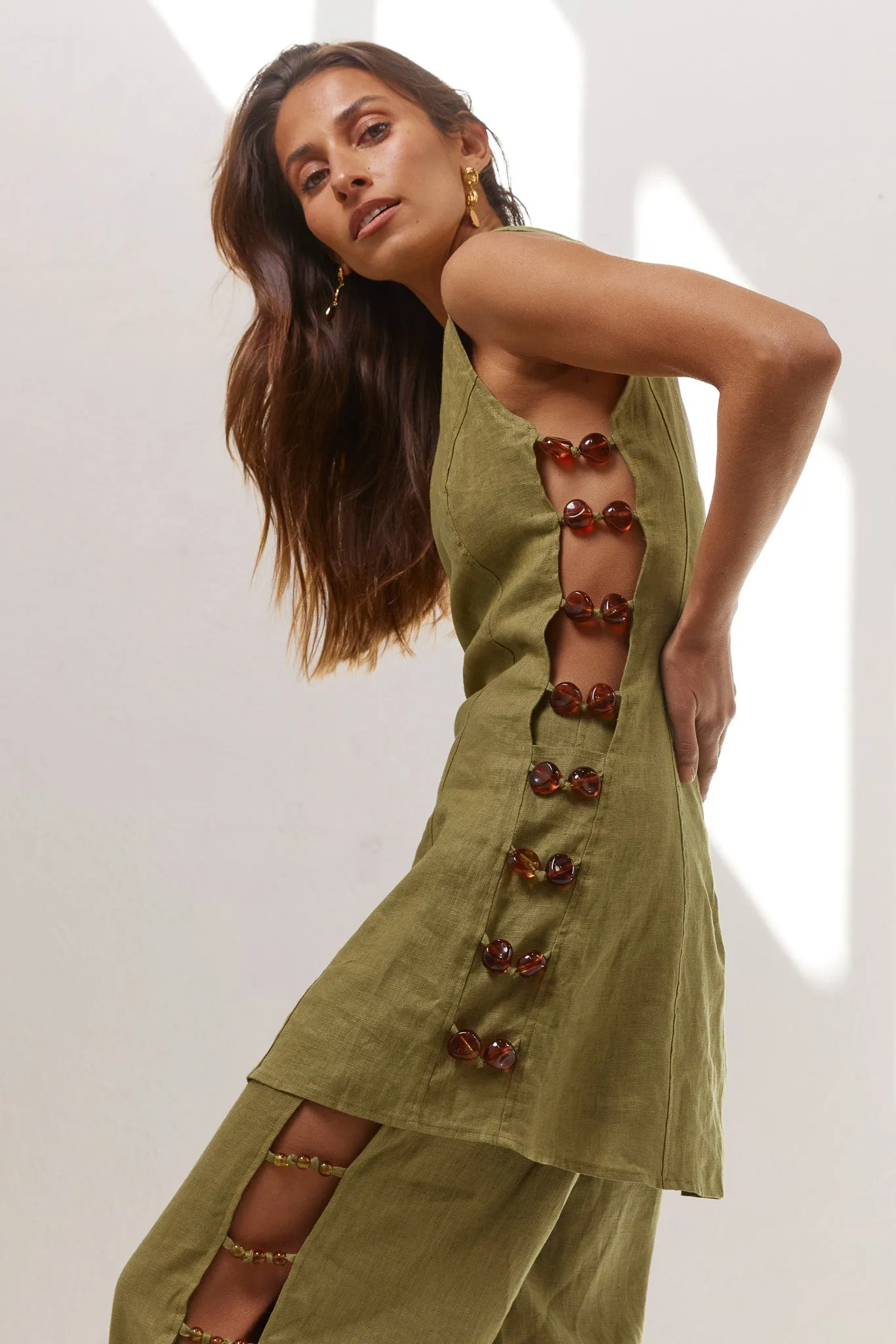 Tia Linen Mini Dress Olive