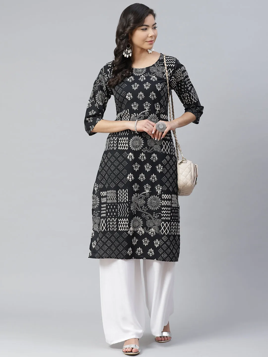 Women Black Abstract Printed Kurta